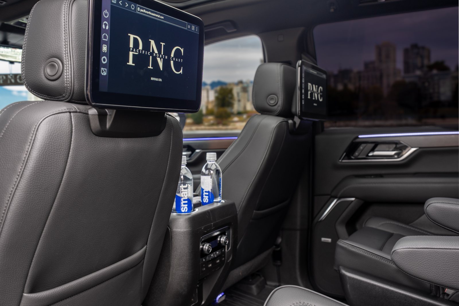 The Yukon Denali's second row, the screen showing the Pacific North Coast mark