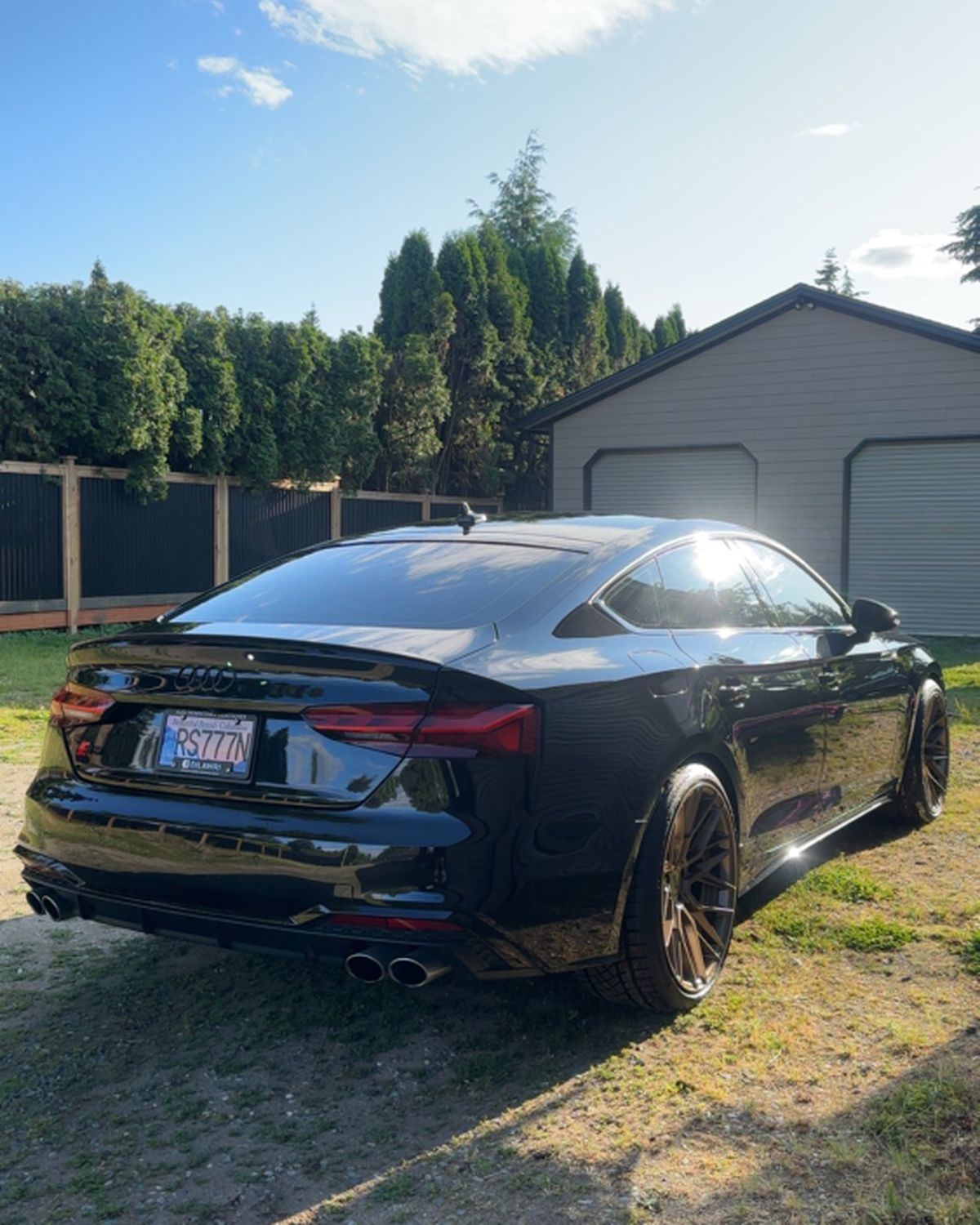 The S5 from the rear three-quarter, parked on grass