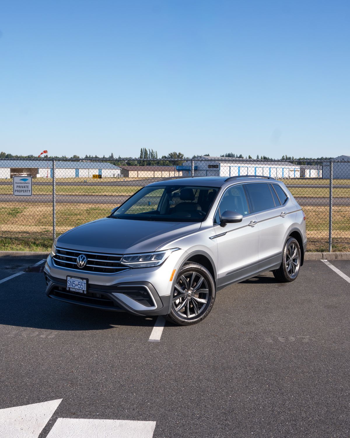 The Volkswagen Tiguan in silver, from the front three-quarter