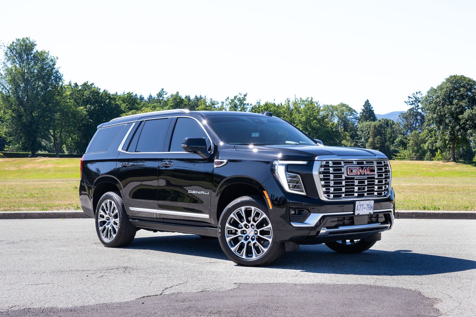 The GMC Yukon Denali in black, from the front three-quarter