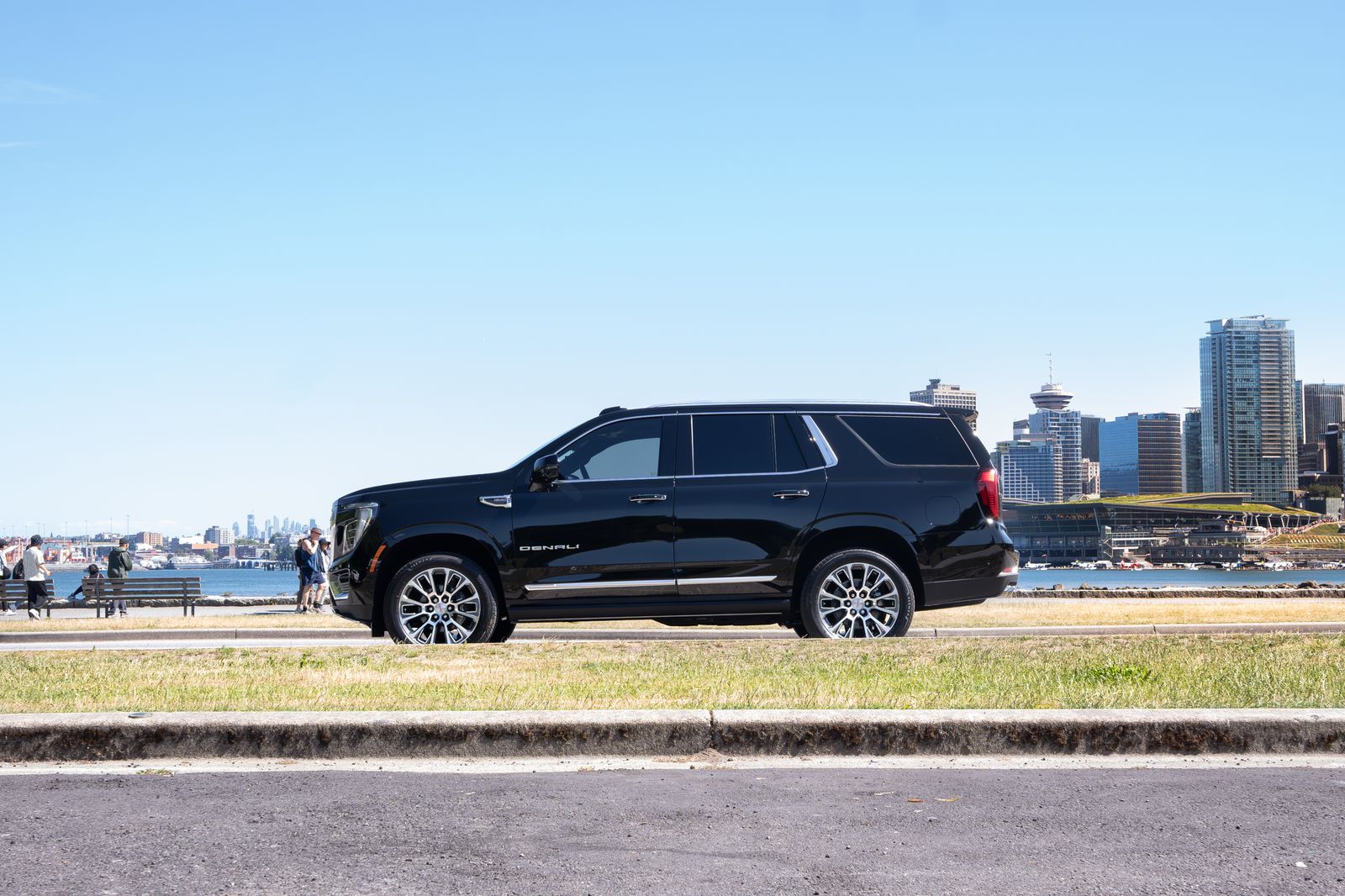 The Yukon Denali in profile with the Vancouver skyline behind